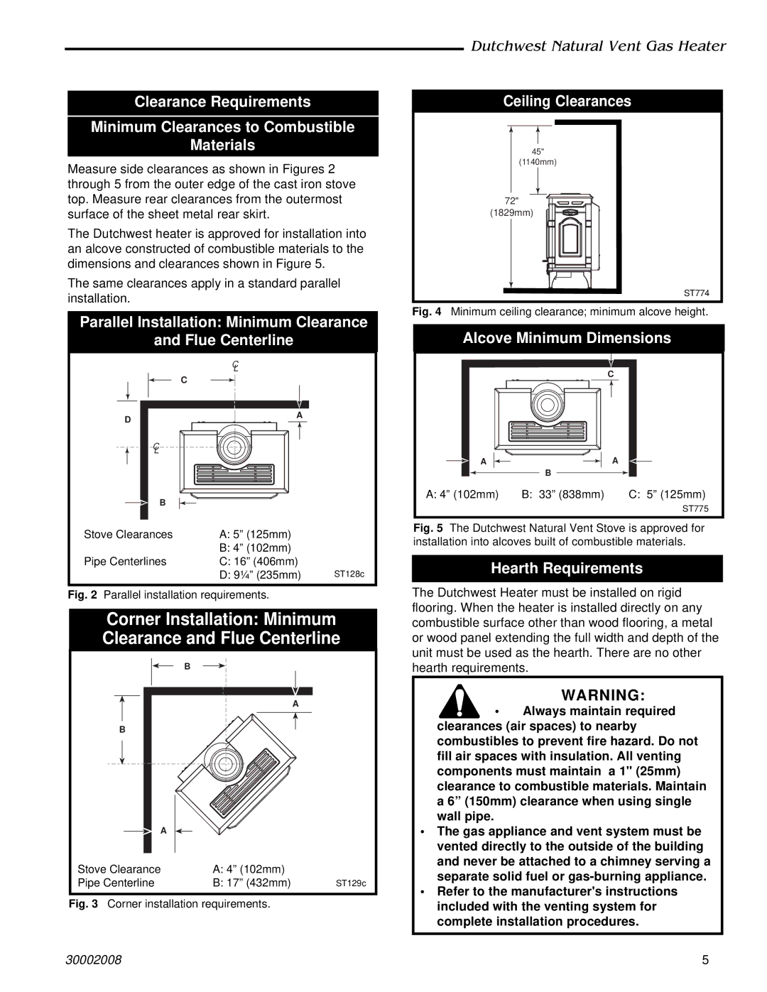 CFM Corporation 2467, 2468 manual Parallel Installation Minimum Clearance Flue Centerline, Ceiling Clearances 