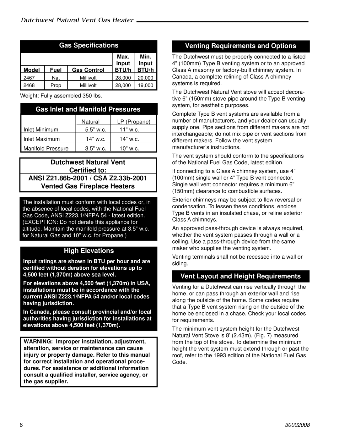 CFM Corporation 2467, 2468 manual Gas Specifications, Gas Inlet and Manifold Pressures, High Elevations 