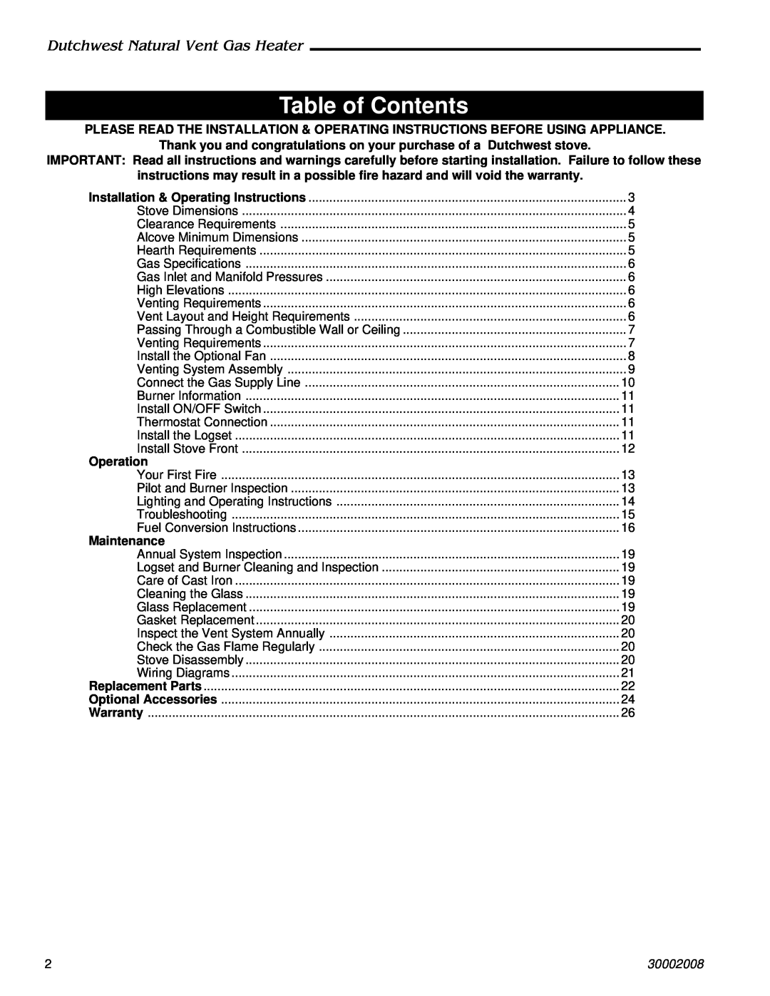 CFM Corporation 2467, 2468 manual Table of Contents, Dutchwest Natural Vent Gas Heater, 30002008 