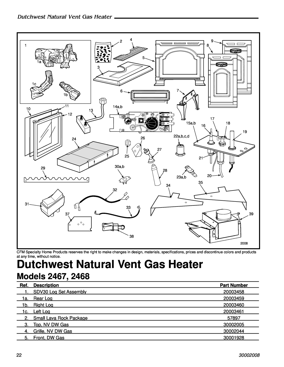 CFM Corporation 2467, 2468 manual Models, Dutchwest Natural Vent Gas Heater, 30002008 