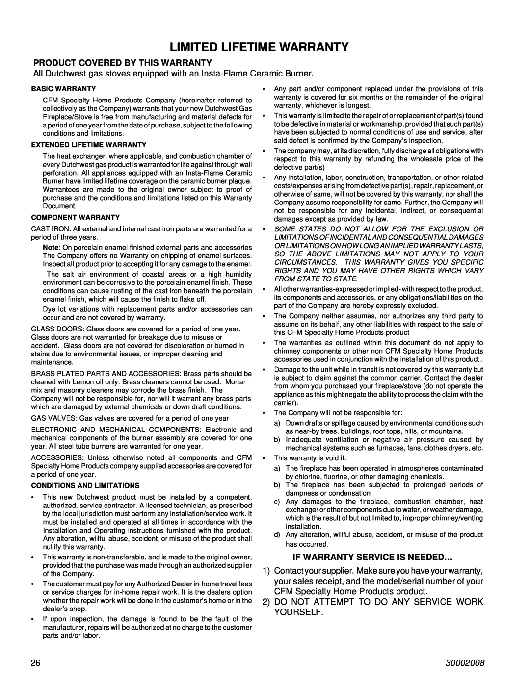 CFM Corporation 2467, 2468 manual Limited Lifetime Warranty, Dutchwest Natural Vent Gas Heater, 30002008, Basic Warranty 