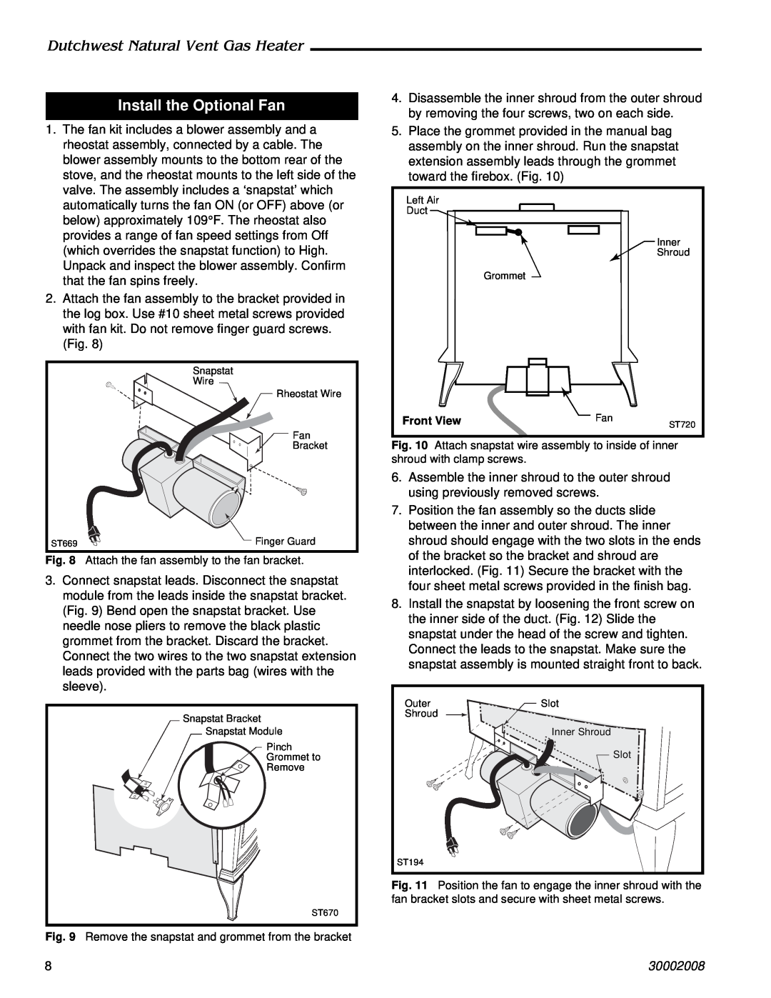 CFM Corporation 2467, 2468 manual Install the Optional Fan, Dutchwest Natural Vent Gas Heater, 30002008 