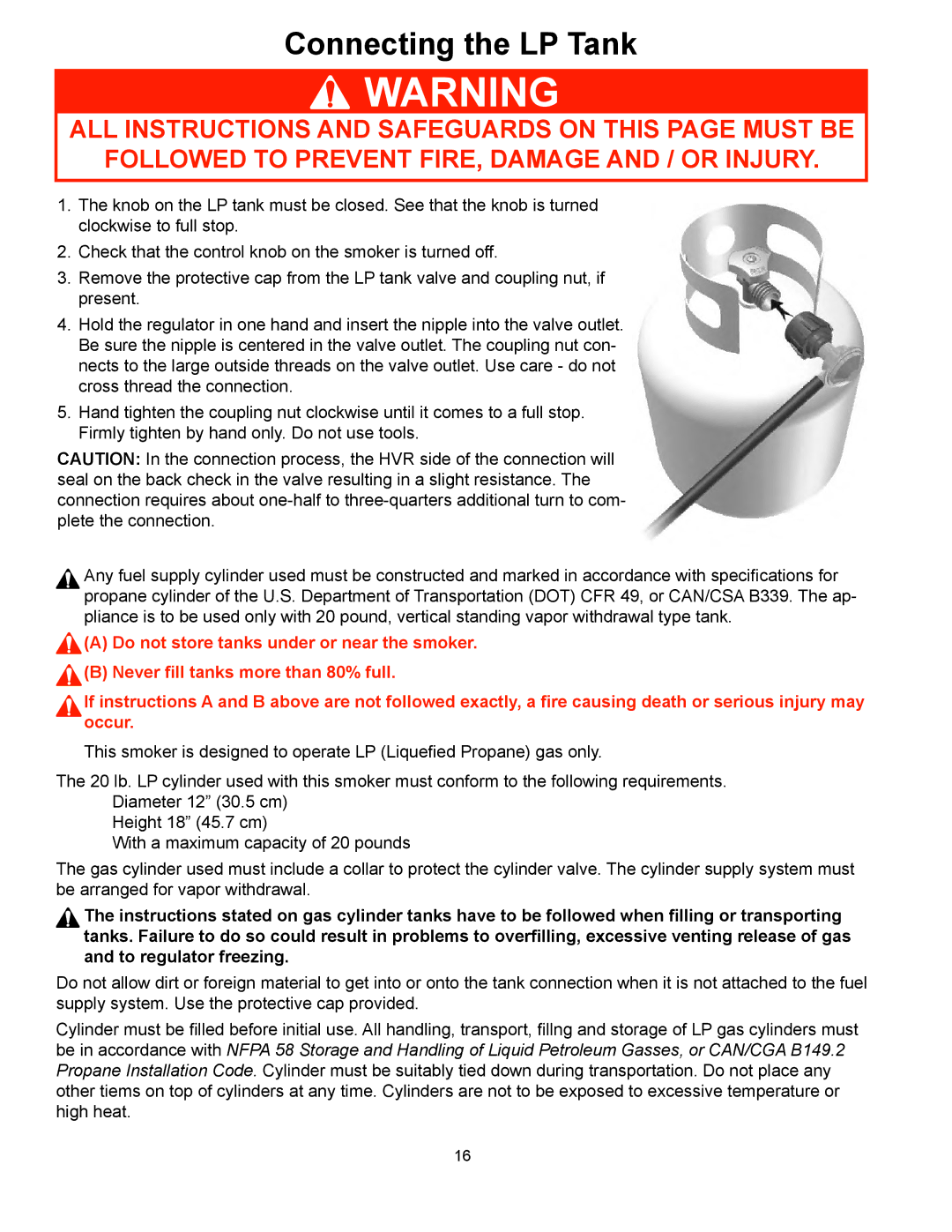 CFM Corporation 3405BG owner manual Connecting the LP Tank 