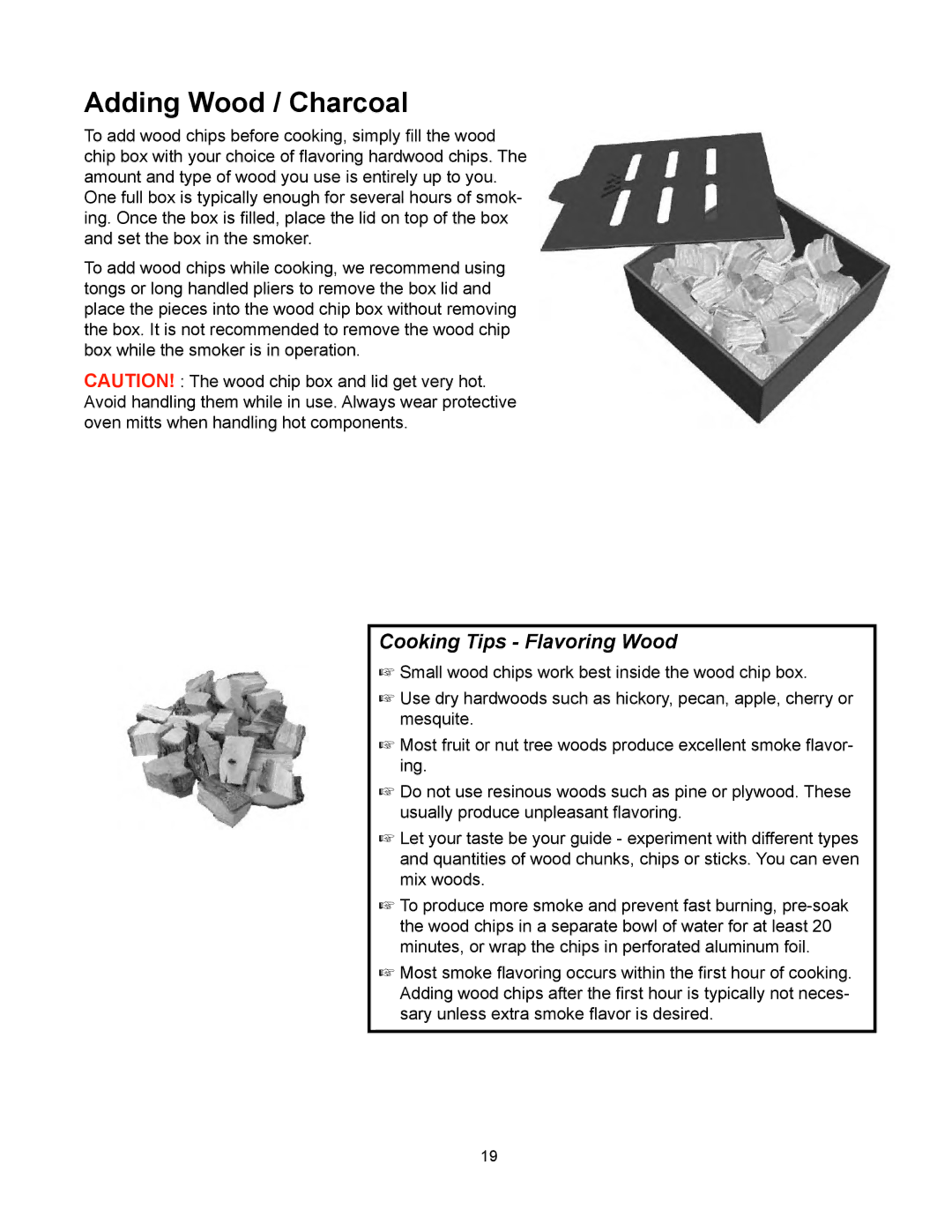 CFM Corporation 3405BG owner manual Adding Wood / Charcoal, Cooking Tips Flavoring Wood 