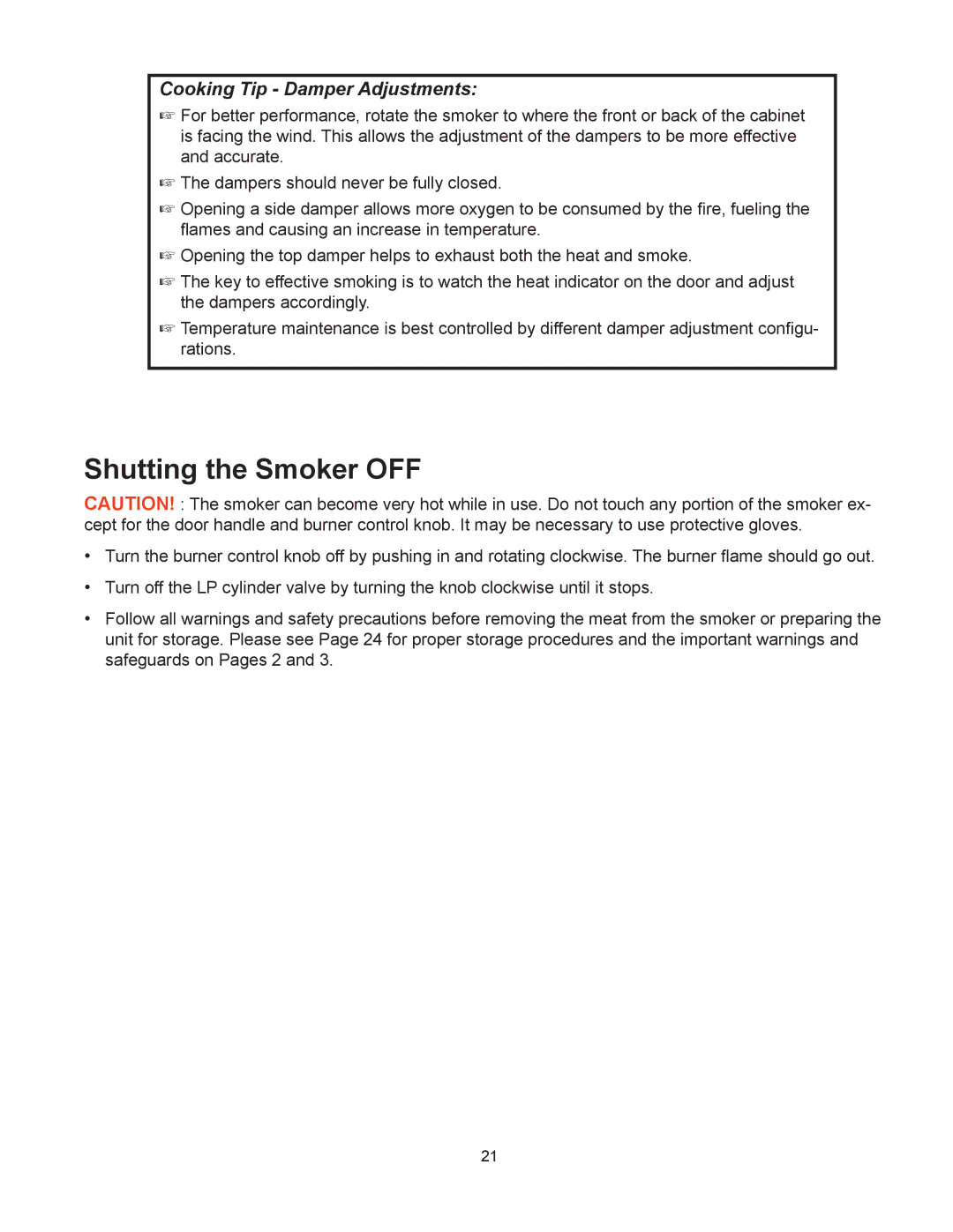 CFM Corporation 3405BG owner manual Shutting the Smoker OFF, Cooking Tip Damper Adjustments 