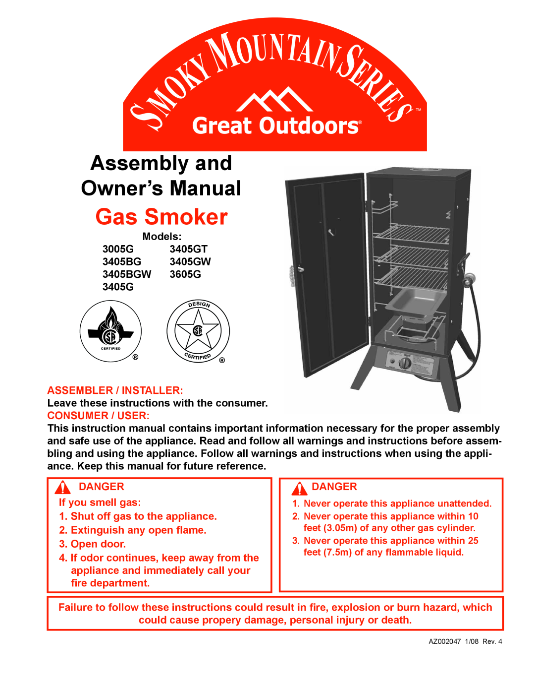 CFM Corporation 3405BG owner manual Assembly and Owner’s Manual, Gas Smoker, Assembler / Installer, Consumer / User 