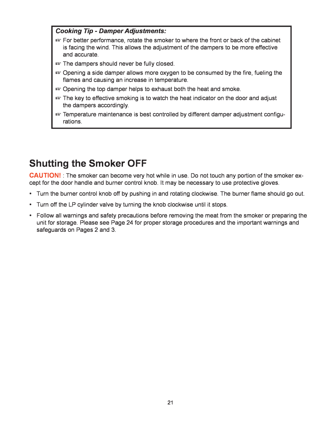 CFM Corporation 3405BG owner manual Shutting the Smoker OFF, Cooking Tip - Damper Adjustments 