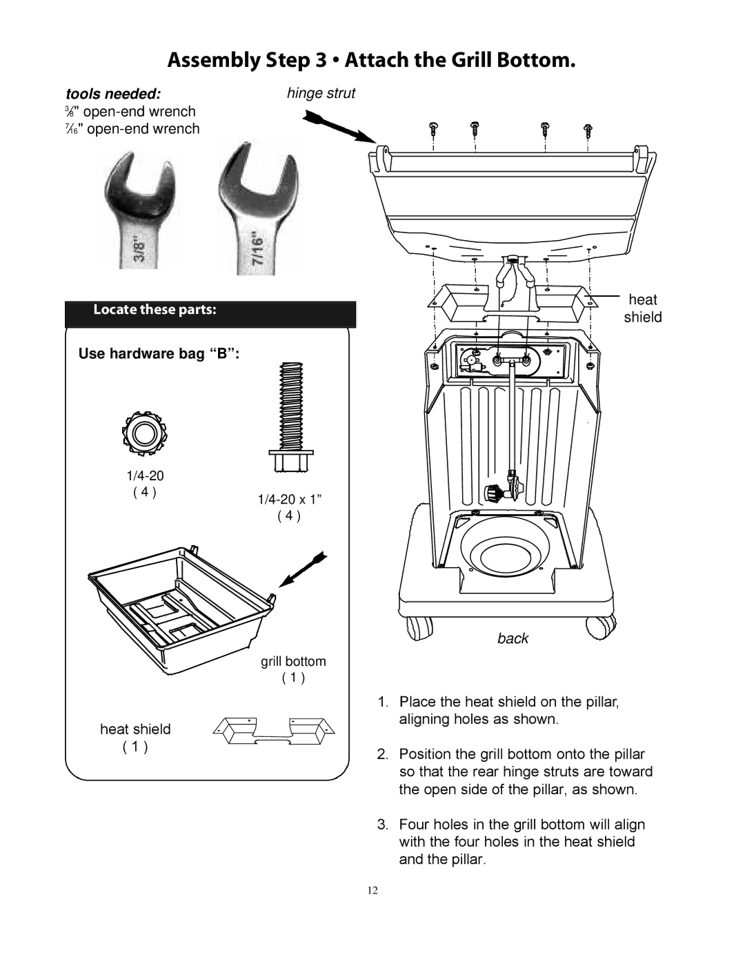 CFM Corporation 7000 owner manual Assembly Attach the Grill Bottom, Use hardware bag B 