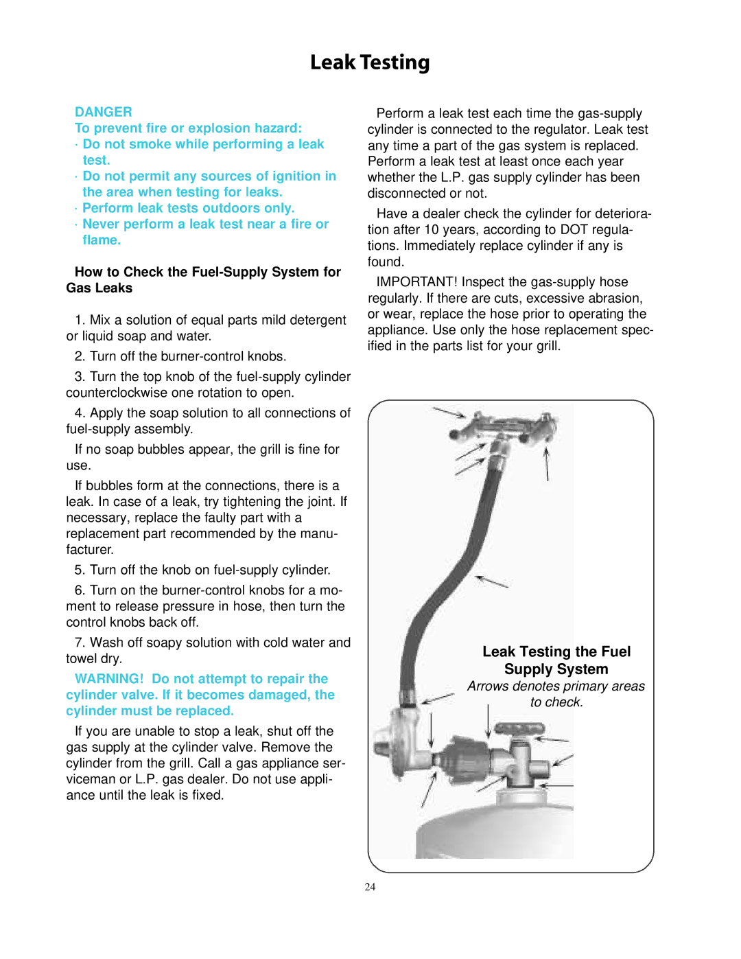 CFM Corporation 7000 owner manual Leak Testing, How to Check the Fuel-Supply System for Gas Leaks 