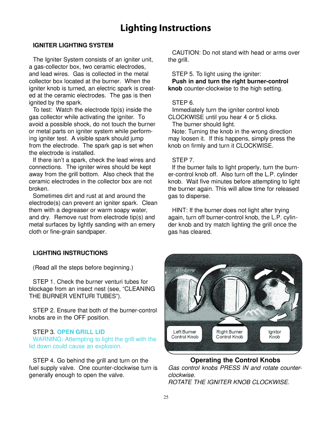 CFM Corporation 7000 owner manual Igniter Lighting System, Lighting Instructions 