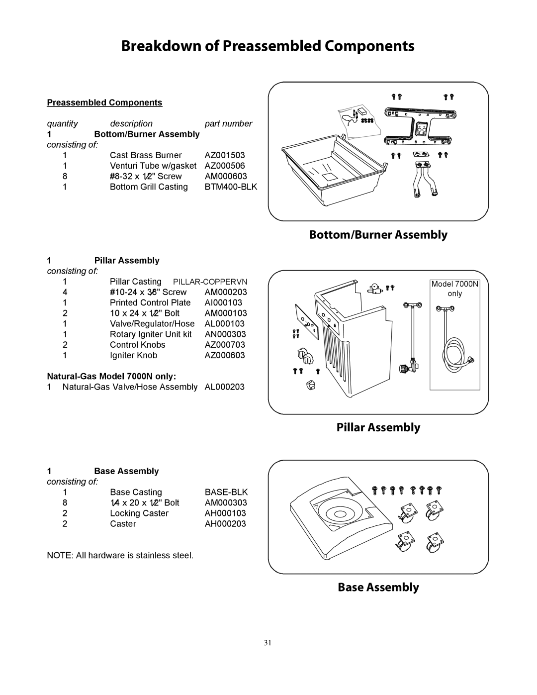 CFM Corporation 7000 owner manual Breakdown of Preassembled Components, Bottom/Burner Assembly consisting 