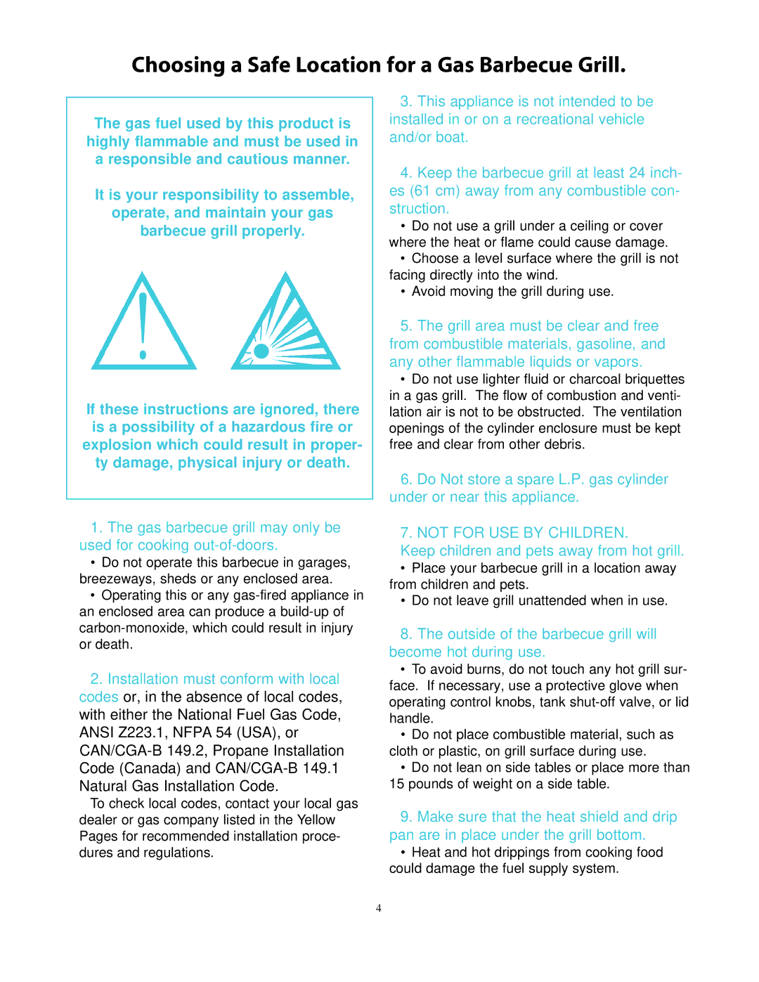 CFM Corporation 7000 owner manual Choosing a Safe Location for a Gas Barbecue Grill, Not for USE by Children 