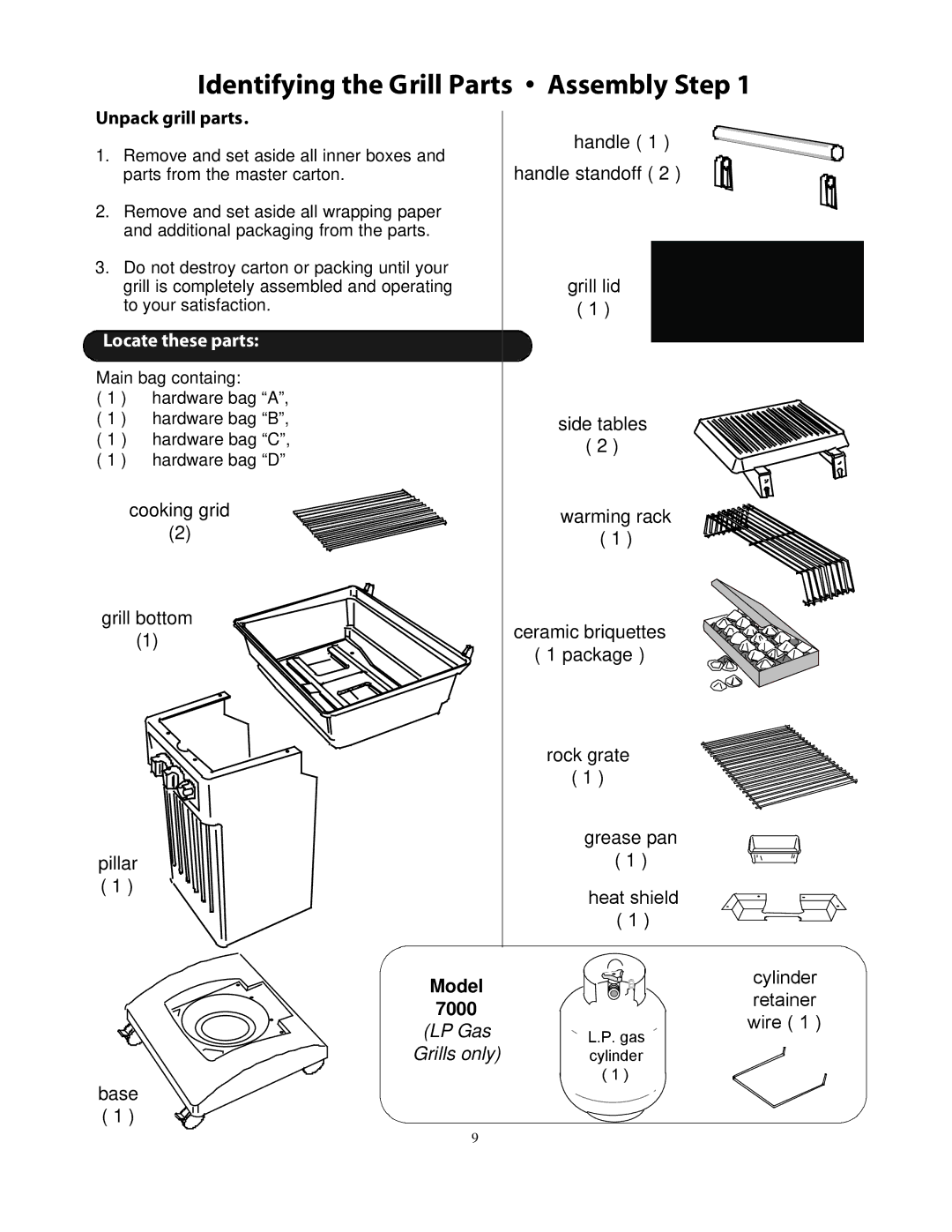 CFM Corporation 7000 owner manual Identifying the Grill Parts Assembly Step, Unpack grill parts 