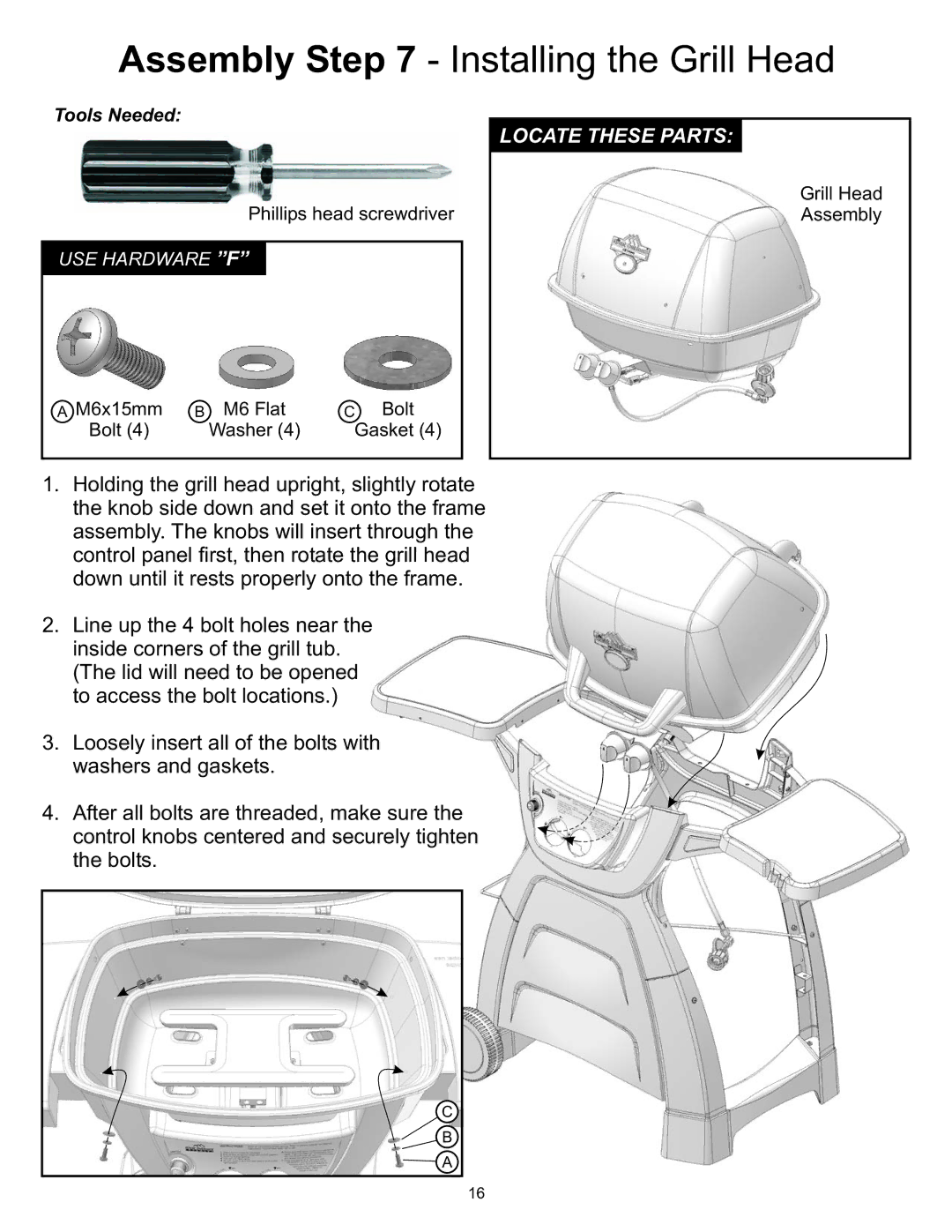 CFM Corporation A053041 owner manual Assembly Installing the Grill Head 