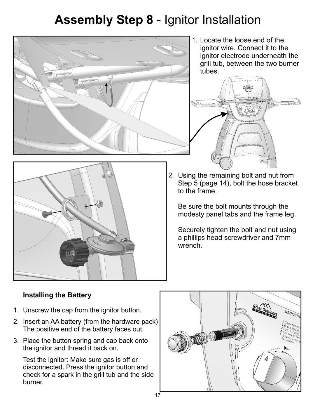 CFM Corporation A053041 owner manual Assembly Ignitor Installation, Installing the Battery 