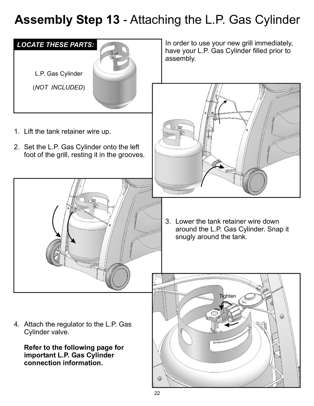 CFM Corporation A053041 owner manual Assembly Attaching the L.P. Gas Cylinder 