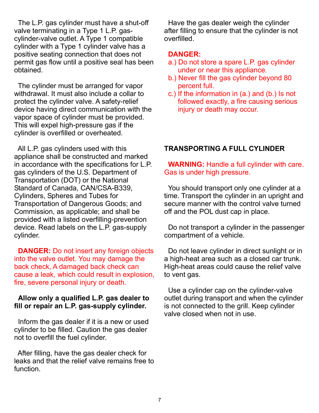 CFM Corporation A053041 owner manual Transporting a Full Cylinder 