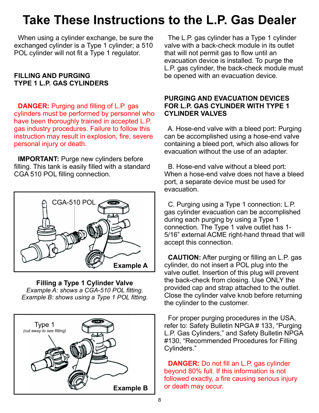 CFM Corporation A053041 Take These Instructions to the L.P. Gas Dealer, Filling and Purging Type 1 L.P. GAS Cylinders 