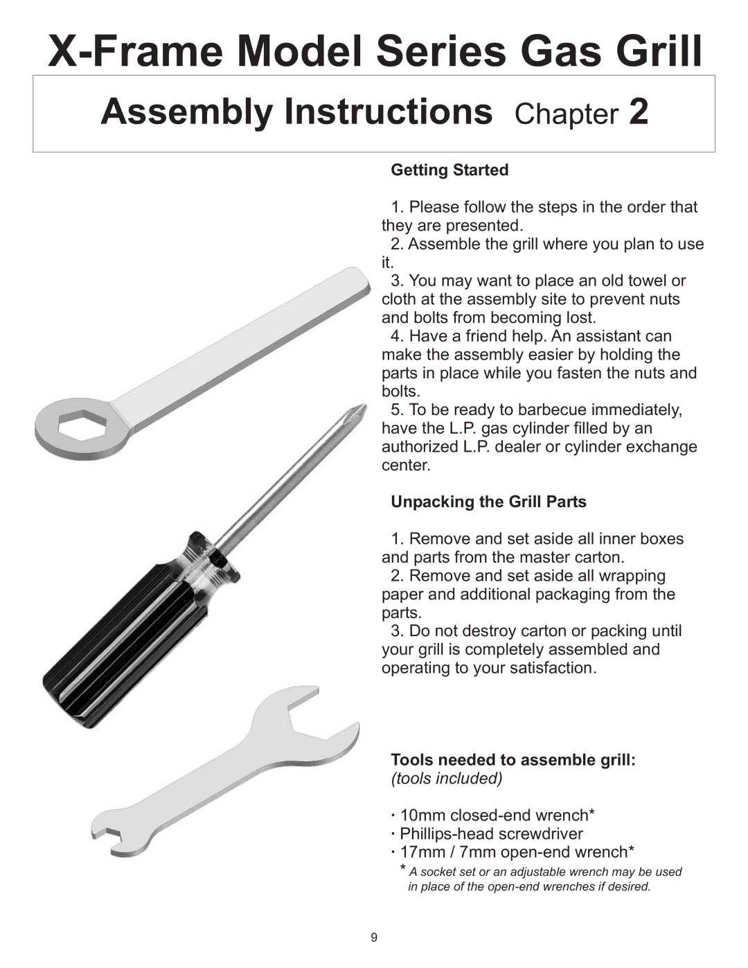 CFM Corporation A053041 Getting Started, Unpacking the Grill Parts, Tools needed to assemble grill tools included 