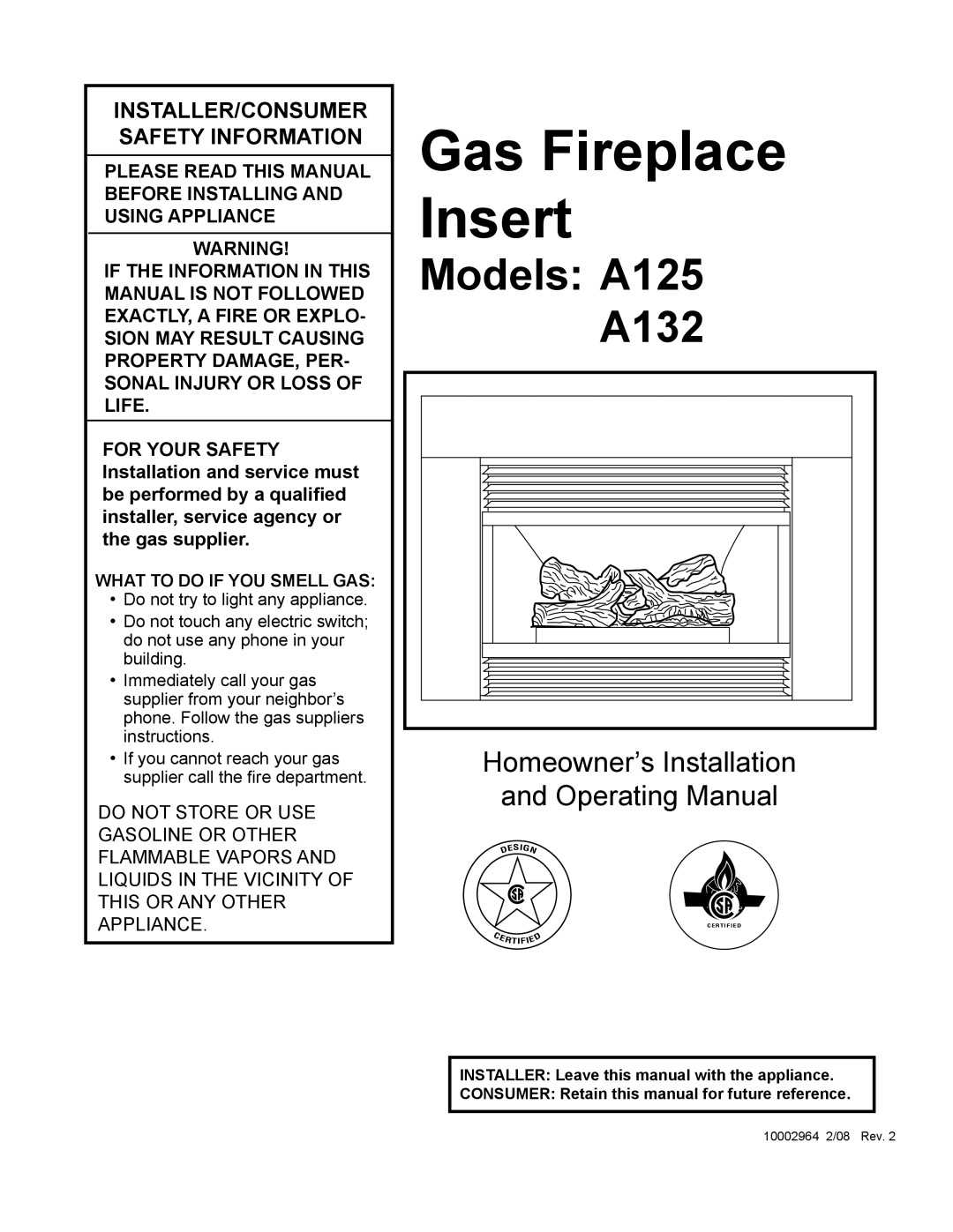 CFM Corporation A132, A125 manual Gas Fireplace Insert 