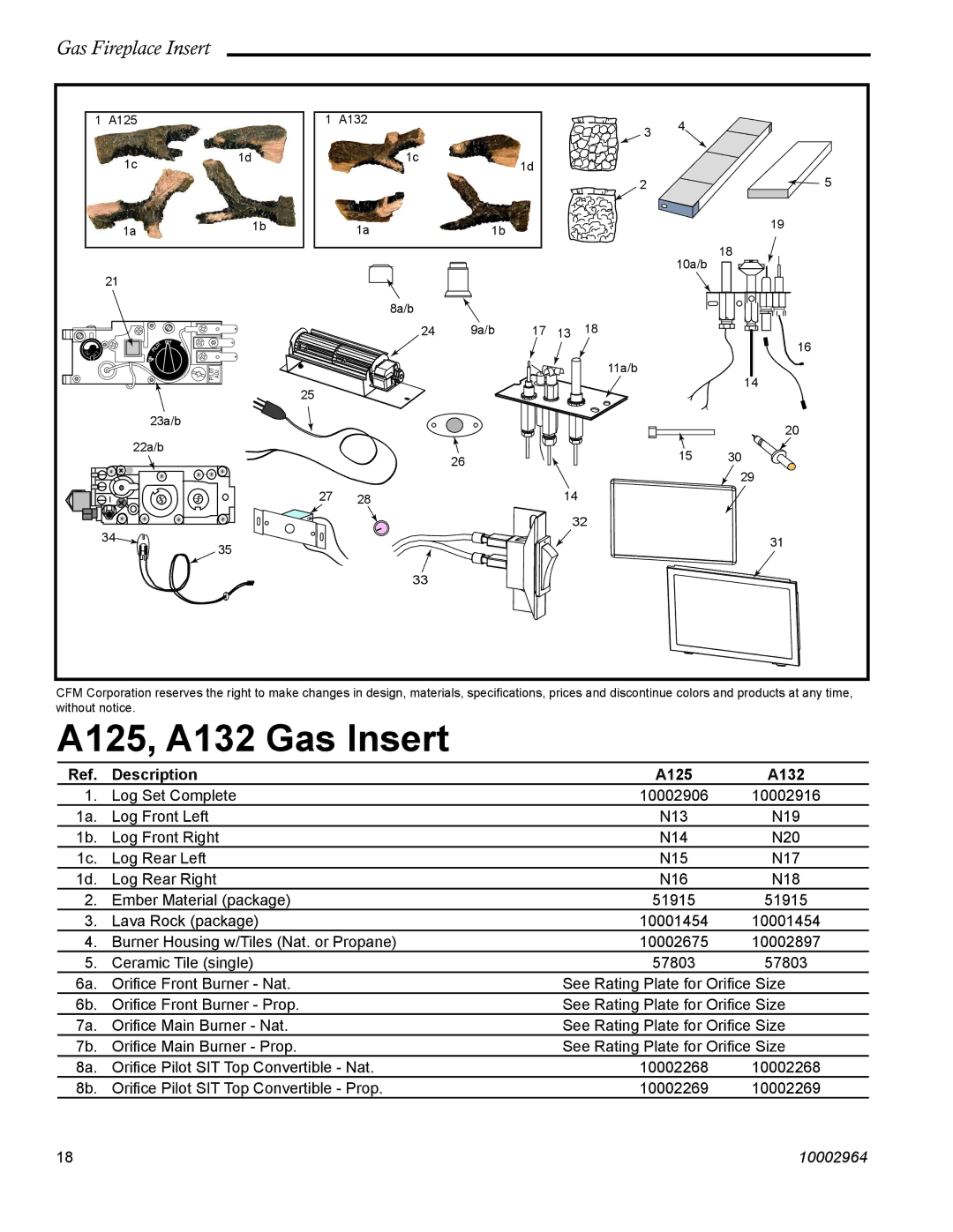 CFM Corporation manual A125, A132 Gas Insert, Description A125 A132 