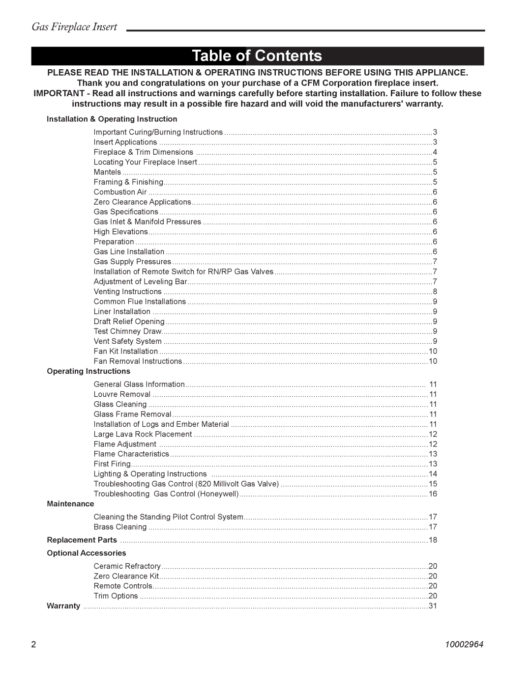 CFM Corporation A125, A132 manual Table of Contents 