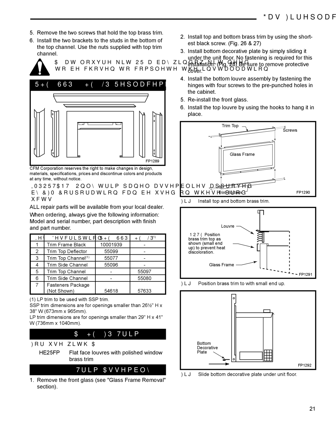 CFM Corporation A132 manual RHE25SSP & HE25LP Replacement Parts, A2 HE25FP Trim, For use with A125 