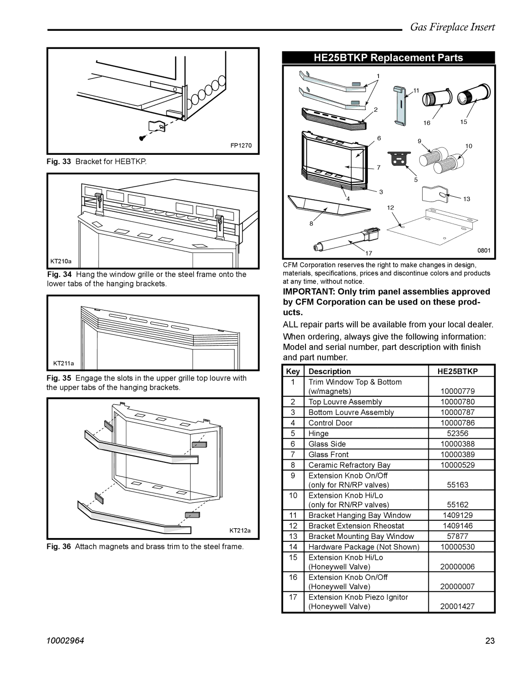 CFM Corporation A132, A125 manual HE25BTKP Replacement Parts 