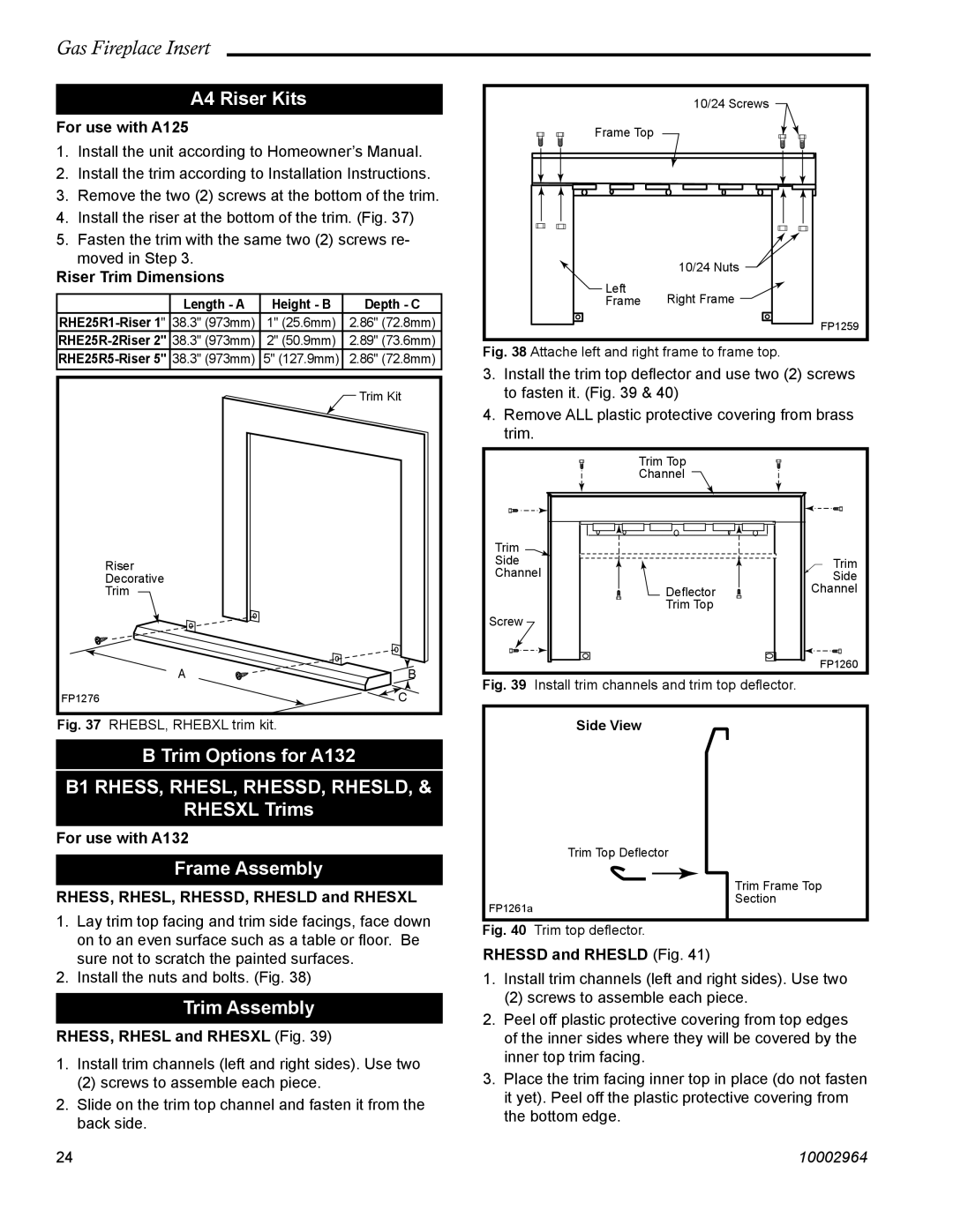 CFM Corporation A125 manual A4 Riser Kits, Trim Options for A132, Rhesxl Trims, Frame Assembly 