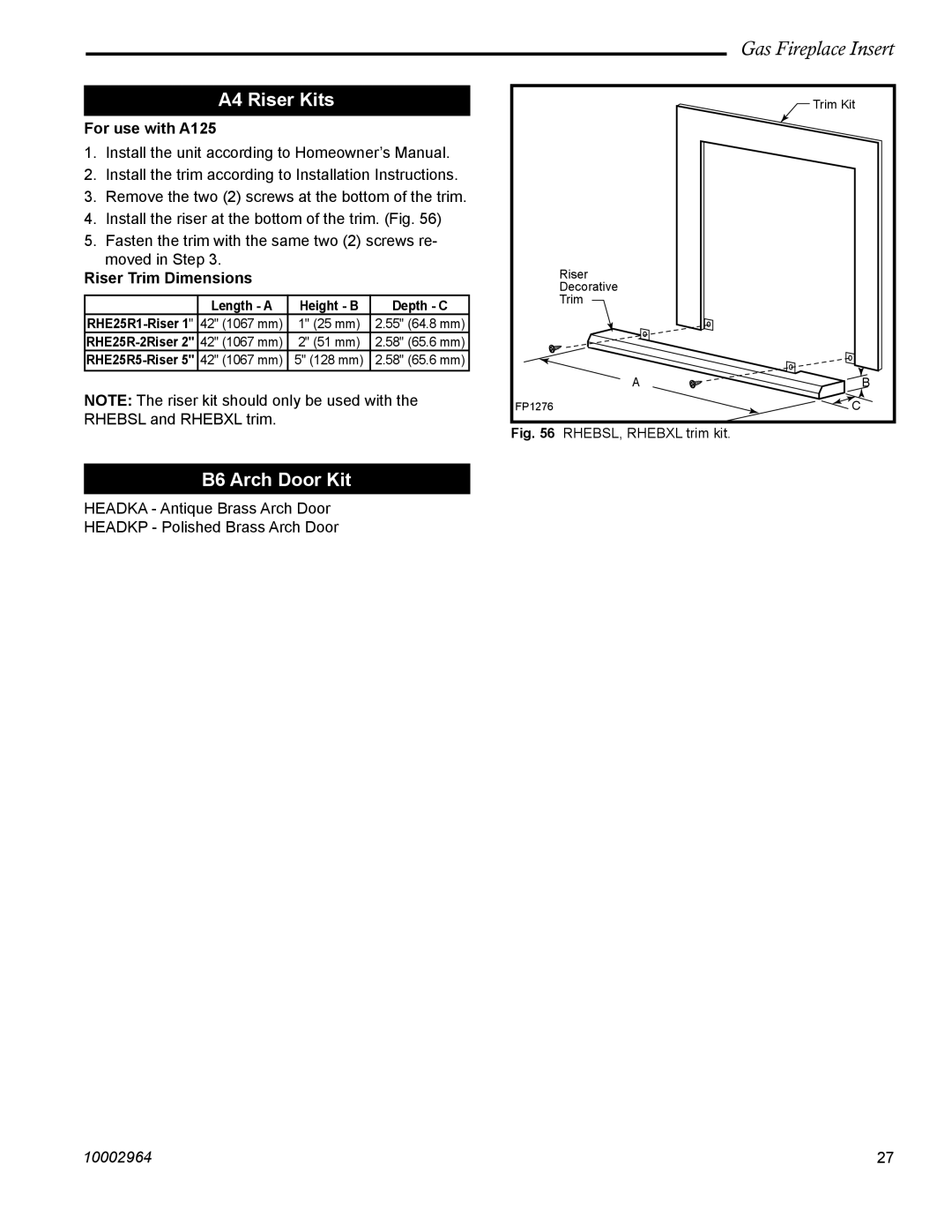 CFM Corporation A132, A125 manual A4 Riser Kits, B6 Arch Door Kit 