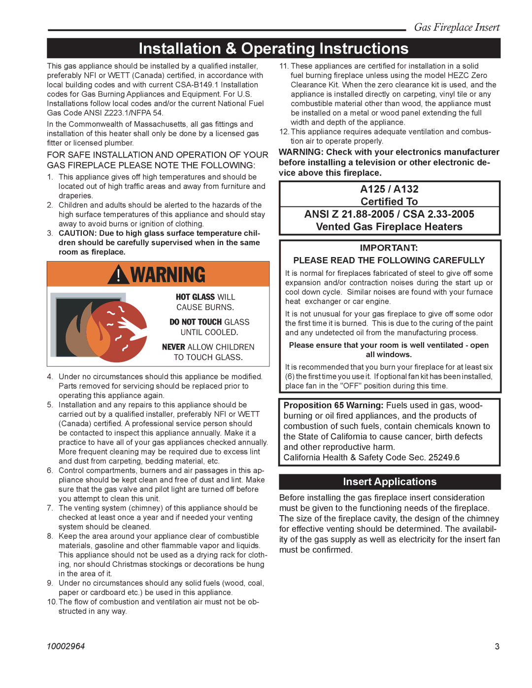 CFM Corporation A132, A125 manual Installation & Operating Instructions, Insert Applications 