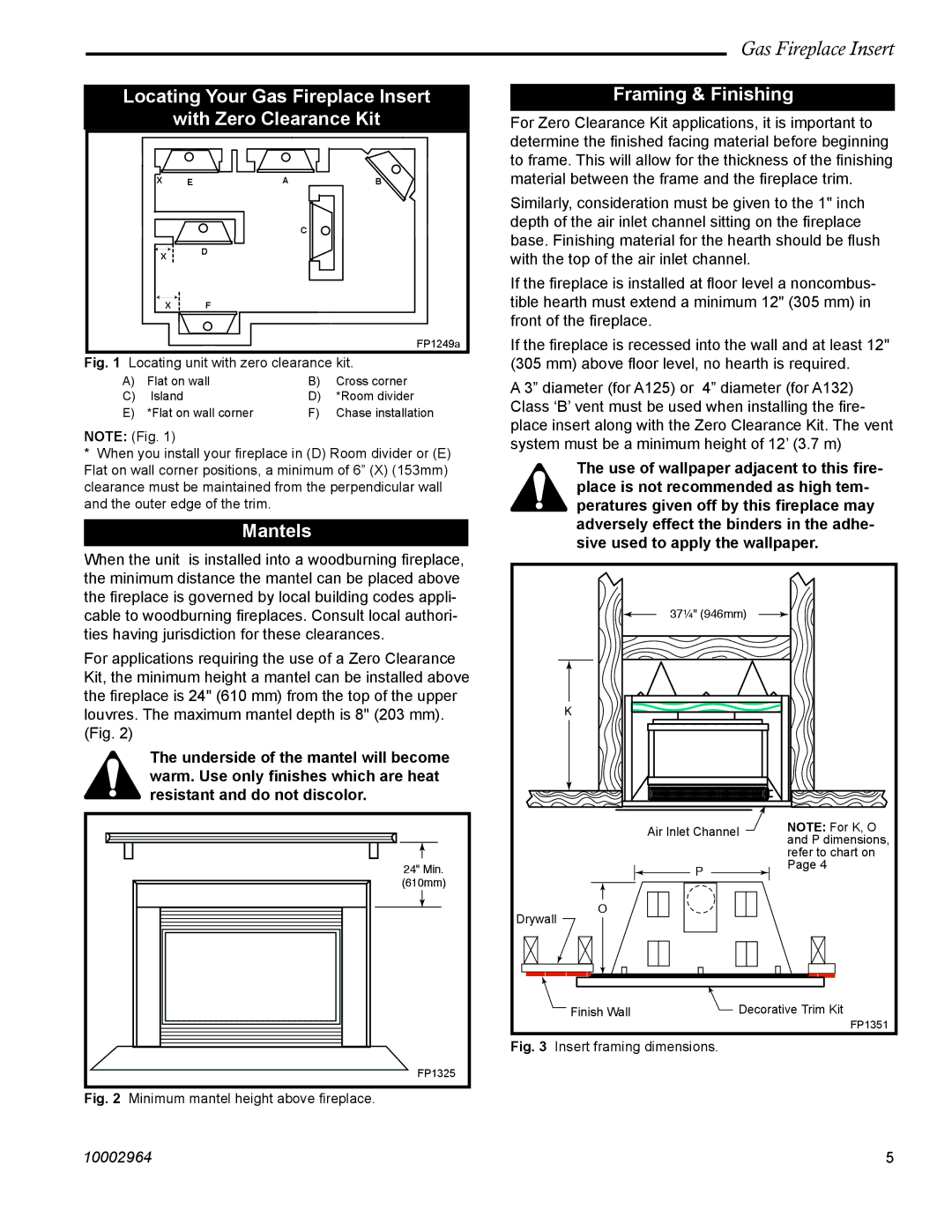 CFM Corporation A132, A125 manual Locating Your Gas Fireplace Insert With Zero Clearance Kit, Framing & Finishing, Mantels 