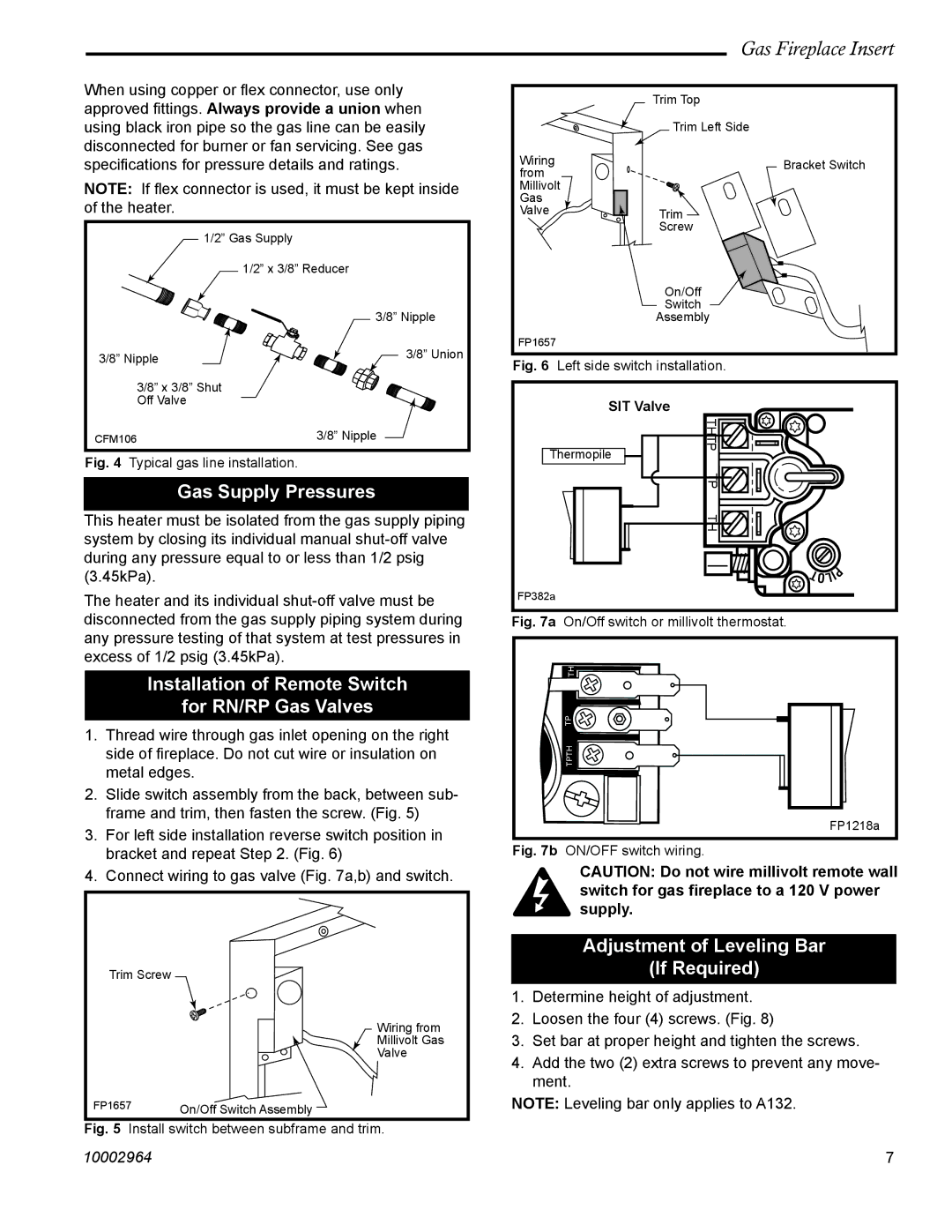 CFM Corporation A132, A125 manual Gas Supply Pressures, Installation of Remote Switch For RN/RP Gas Valves 