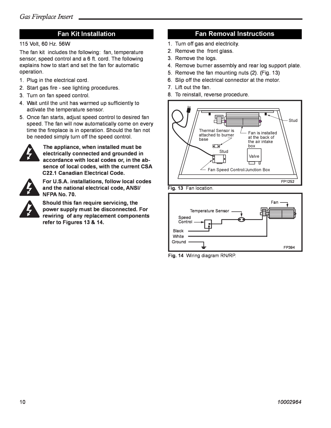 CFM Corporation A125, A132 manual Fan Kit Installation, Fan Removal Instructions, Gas Fireplace Insert, 10002964 