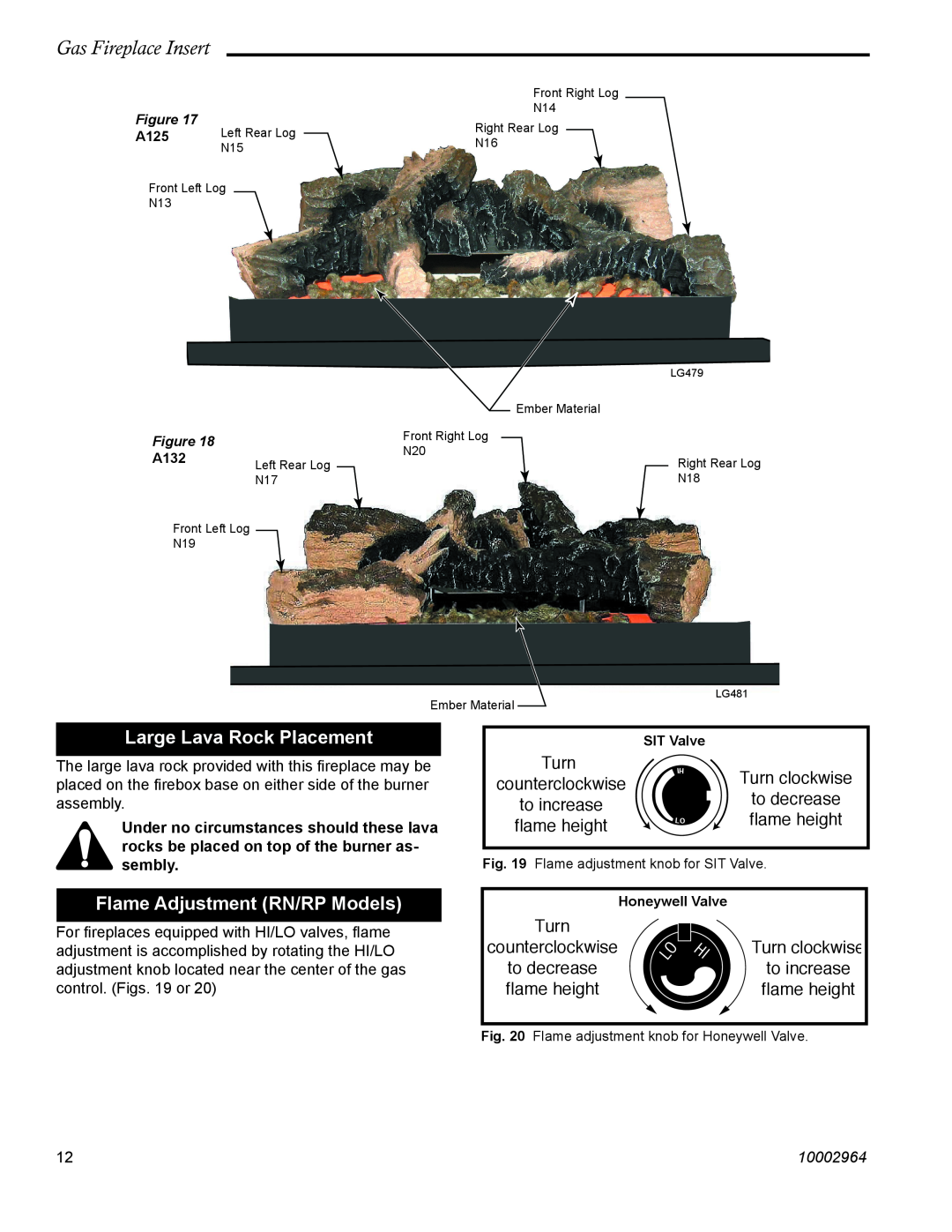 CFM Corporation A125 Large Lava Rock Placement, Flame Adjustment RN/RP Models, Gas Fireplace Insert, Turn, to increase 