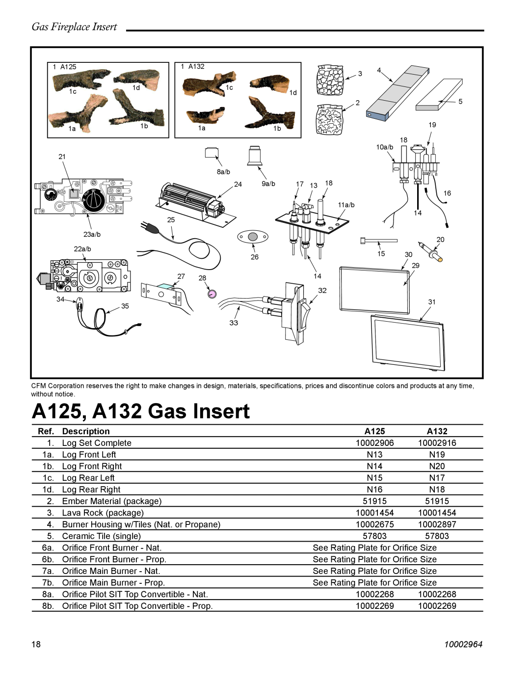 CFM Corporation manual A125, A132 Gas Insert, Gas Fireplace Insert, Description, 10002964 