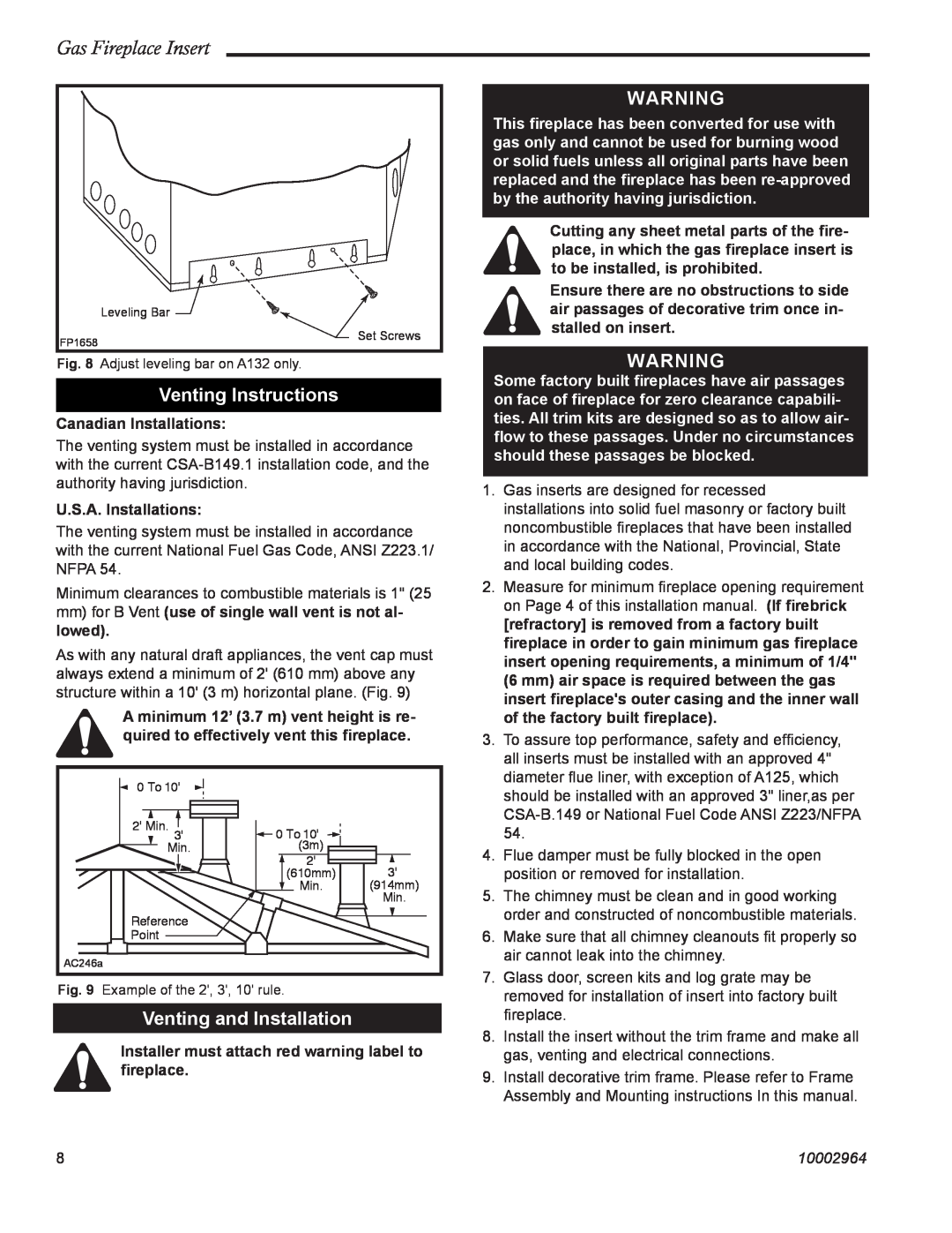 CFM Corporation A125, A132 manual Venting Instructions, Venting and Installation, Gas Fireplace Insert, 10002964 