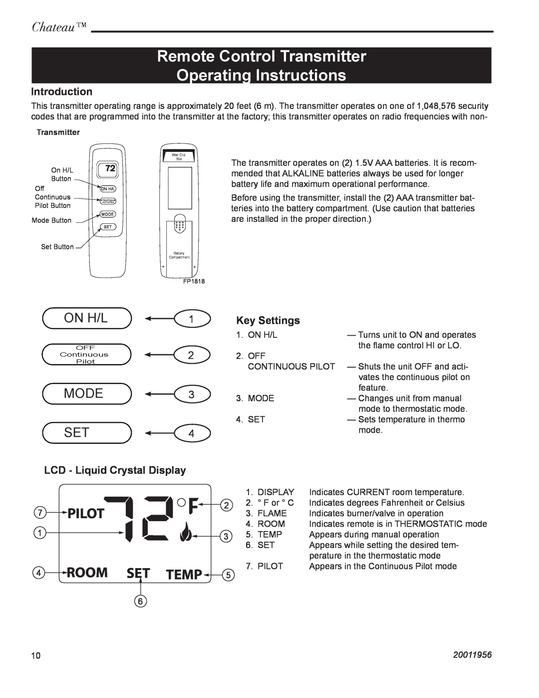 CFM Corporation DVT44IN, DVT38IN Remote Control Transmitter Operating Instructions, On H/L, Mode, Chateau, 20011956 
