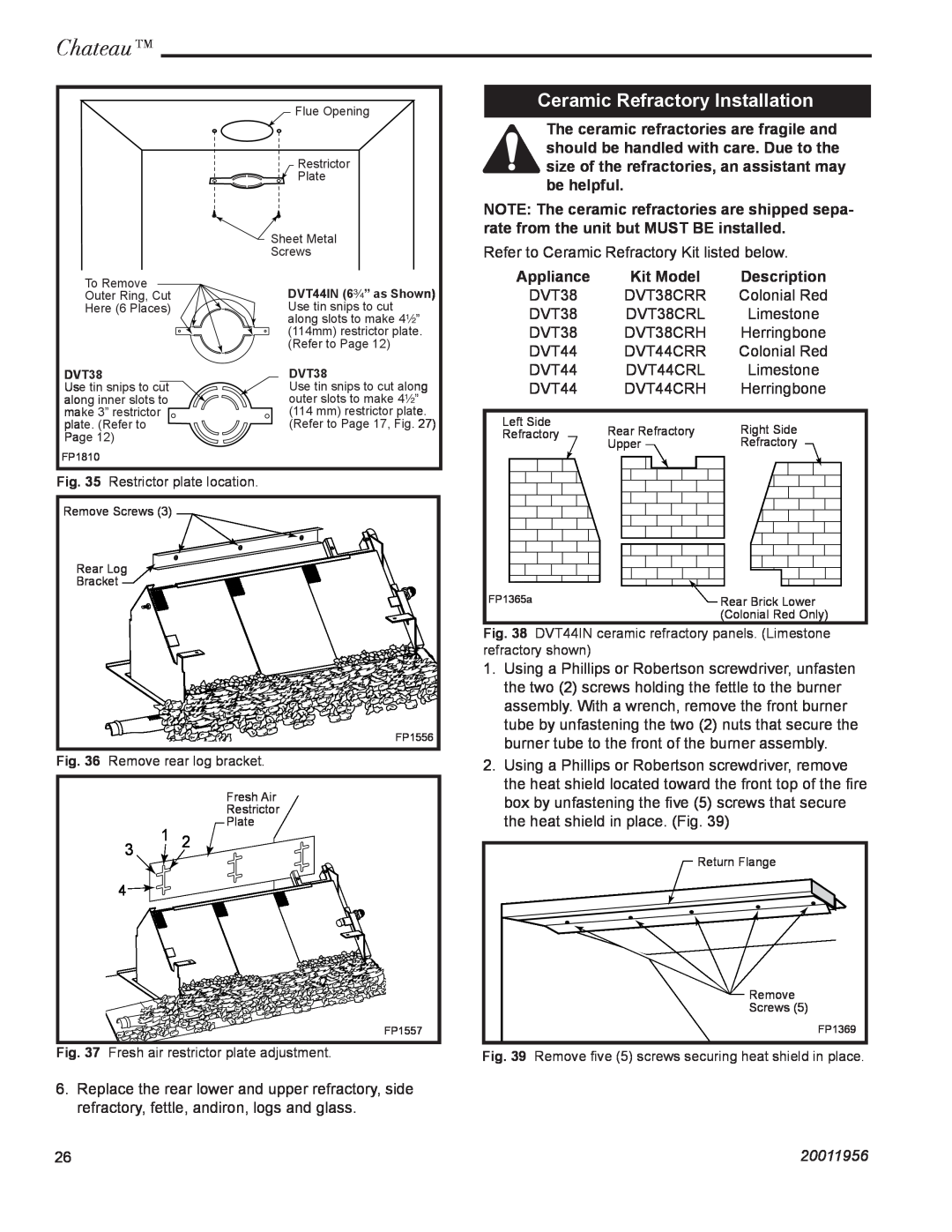 CFM Corporation DVT44IN, DVT38IN Ceramic Refractory Installation, Chateau, Appliance, Kit Model, Description, 20011956 