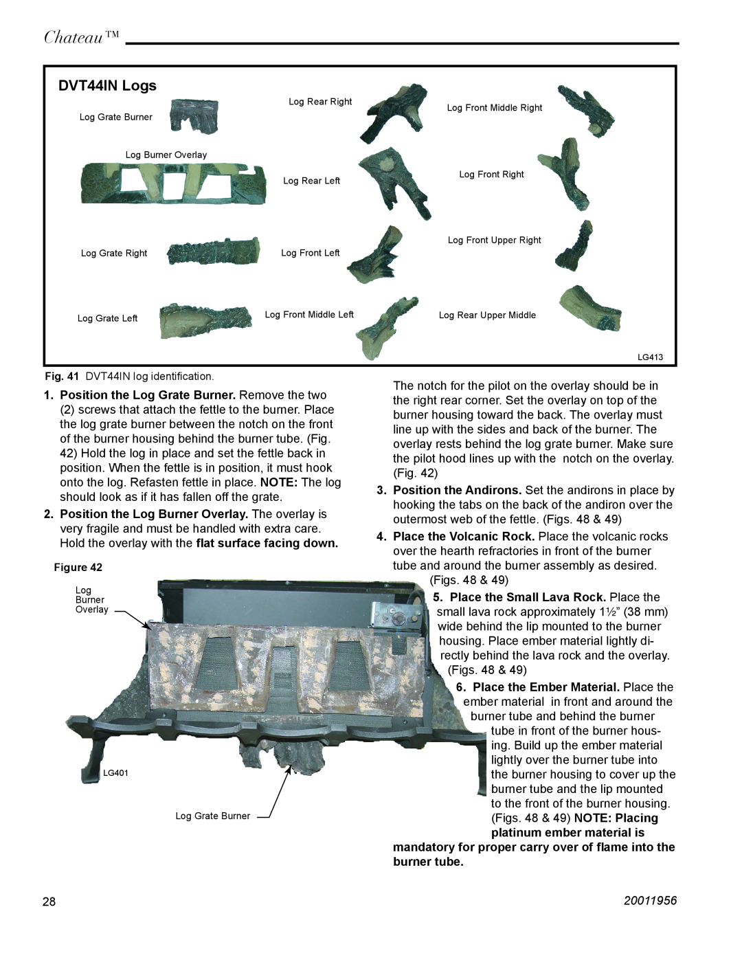 CFM Corporation DVT38IN installation instructions Chateau, DVT44IN Logs, 20011956 