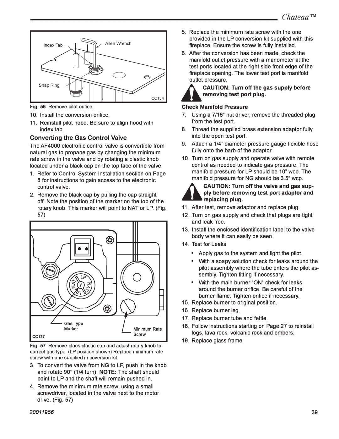 CFM Corporation DVT38IN, DVT44IN installation instructions Chateau, Converting the Gas Control Valve, 20011956 