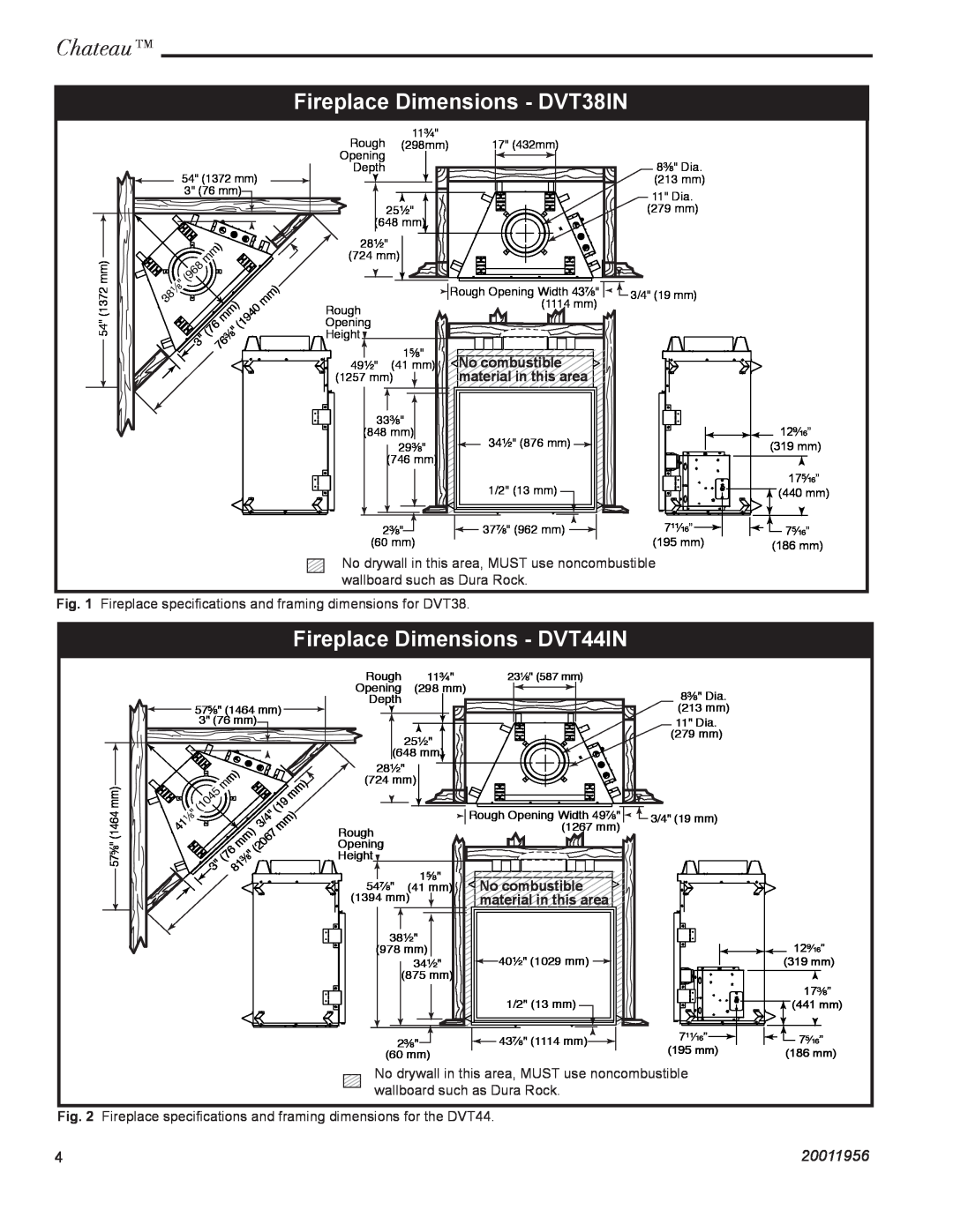 CFM Corporation Chateau, Fireplace Dimensions - DVT38IN, Fireplace Dimensions - DVT44IN, 20011956, No combustible 