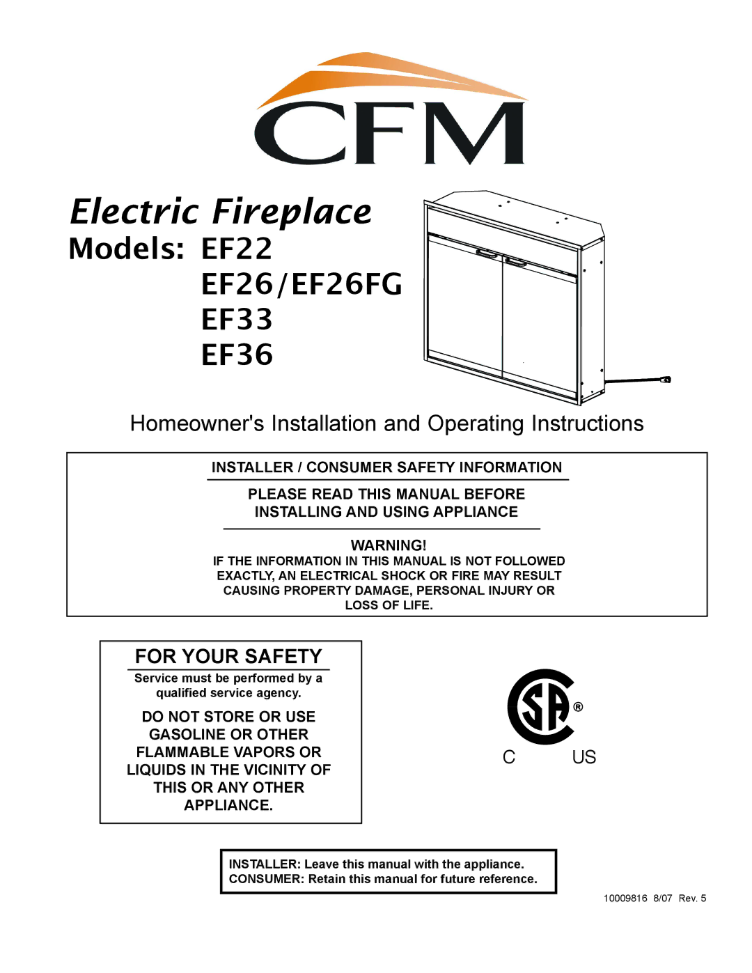 CFM Corporation EF36, EF22, EF26FG manual Electric Fireplace, Service must be performed by a Qualified service agency 