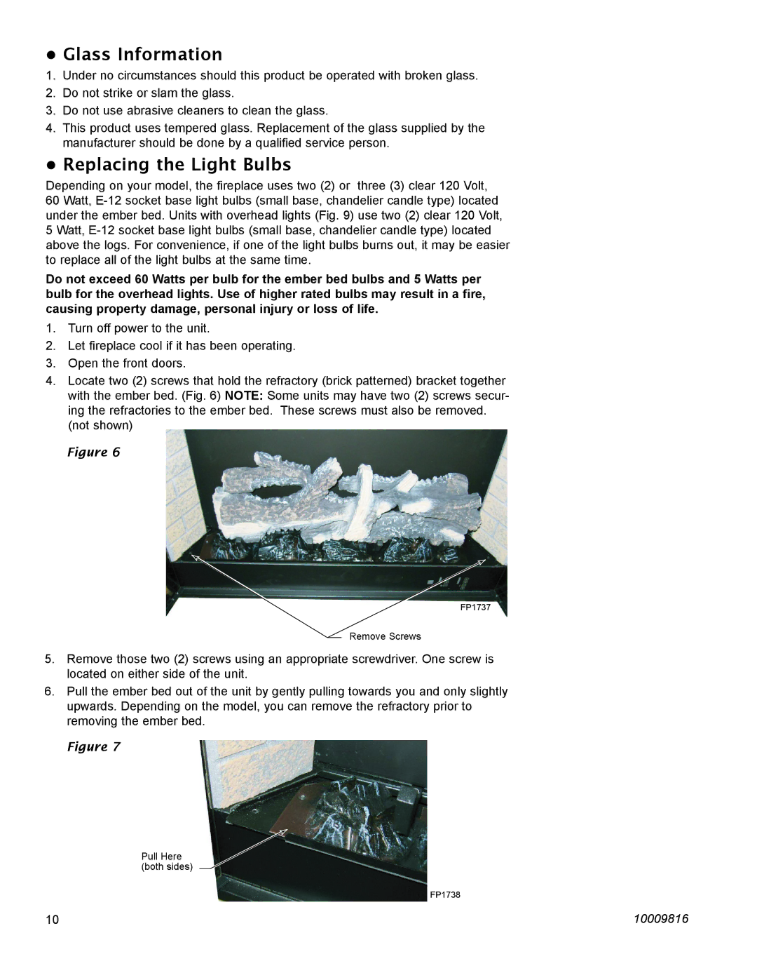 CFM Corporation EF36, EF22, EF26FG, EF33 manual Glass Information, Replacing the Light Bulbs 