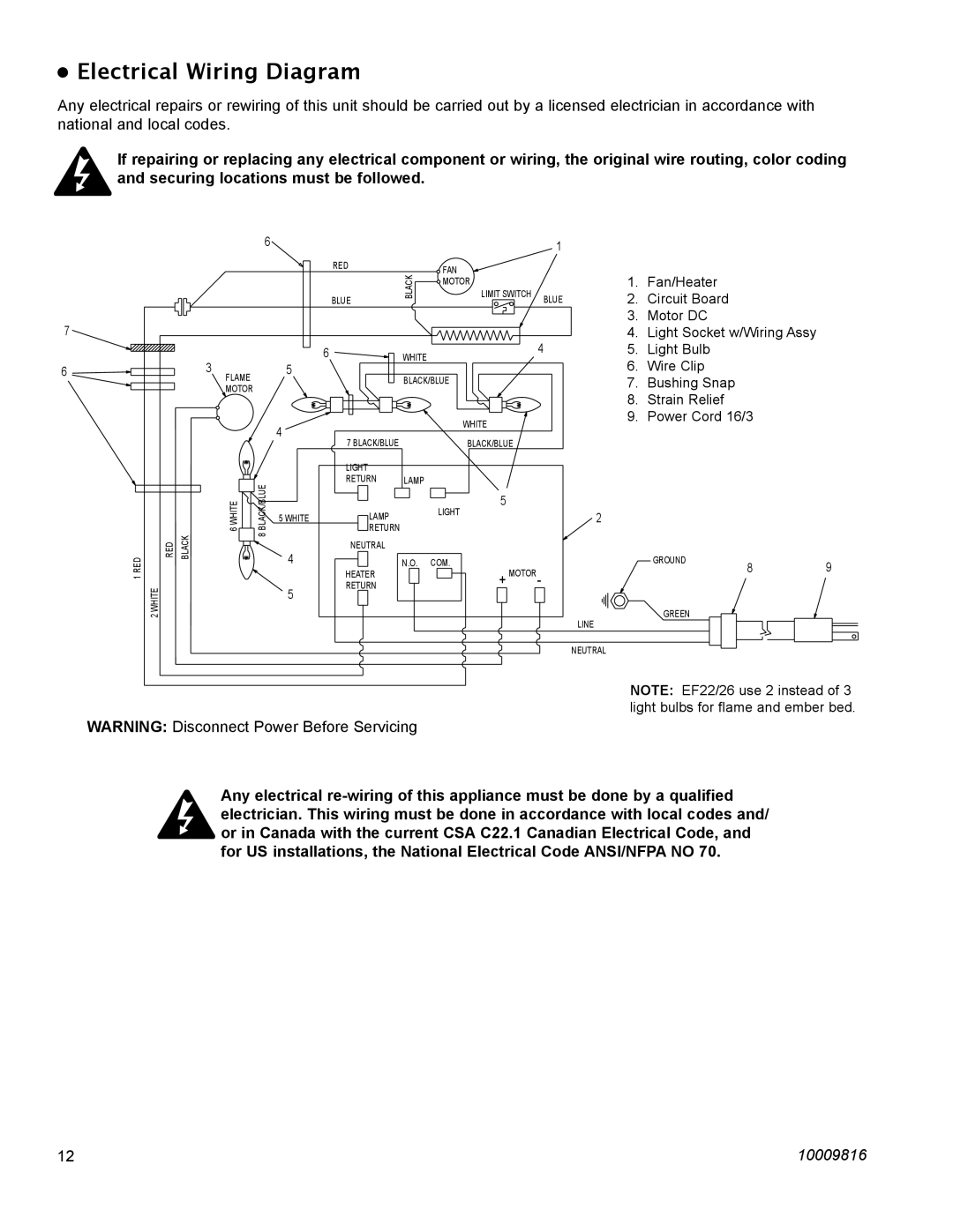 CFM Corporation EF22, EF36, EF26FG, EF33 manual Electrical Wiring Diagram 