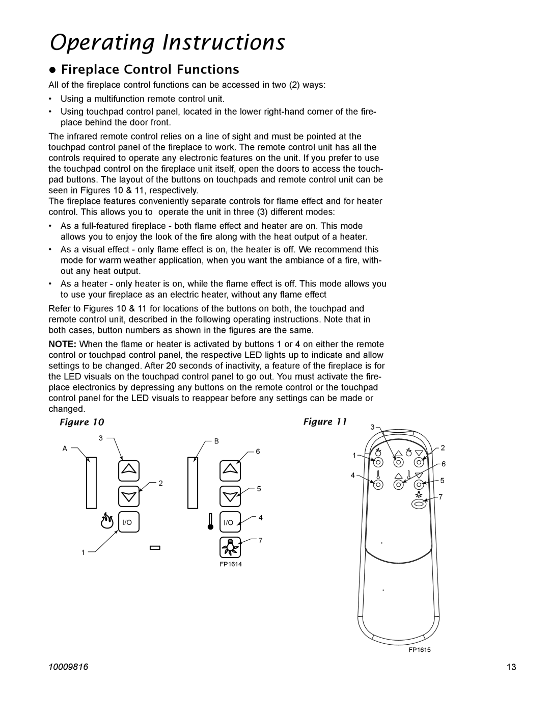 CFM Corporation EF26FG, EF36, EF22, EF33 manual Operating Instructions, Fireplace Control Functions 