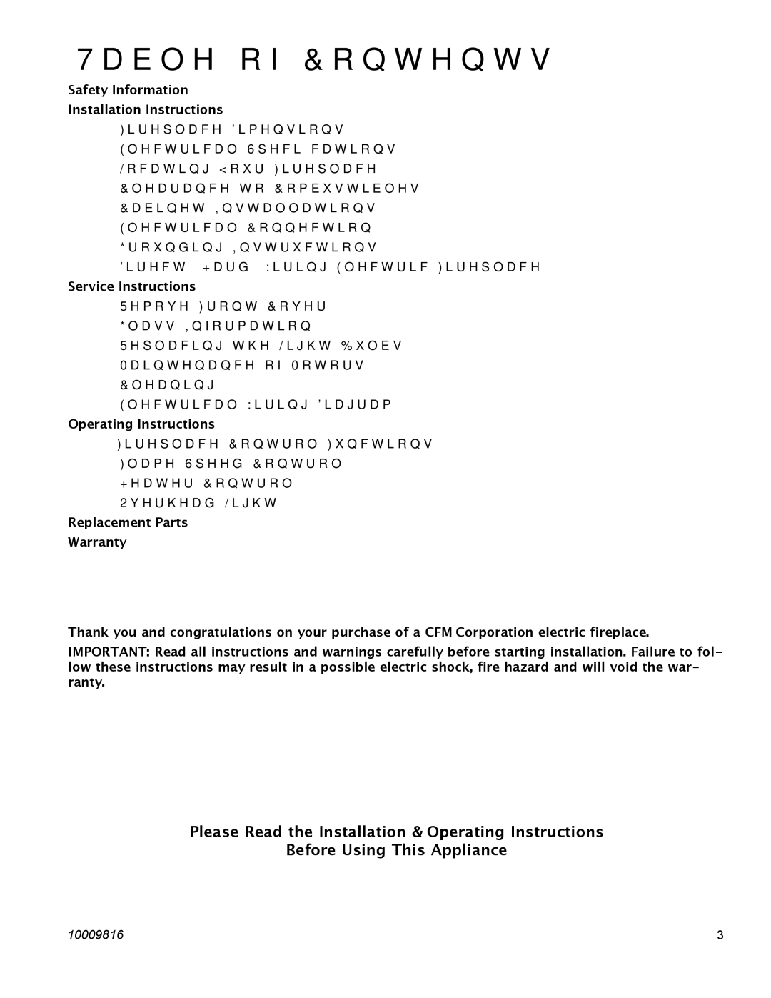 CFM Corporation EF26FG, EF36, EF22, EF33 manual Table of Contents 