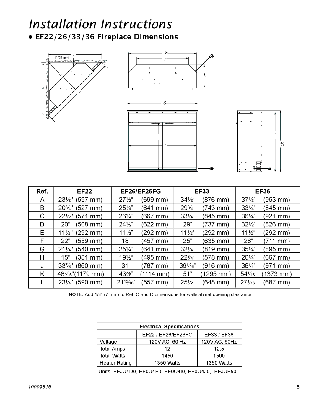 CFM Corporation EF36, EF26FG Installation Instructions, EF22/26/33/36 Fireplace Dimensions, Electrical Speciﬁcations 