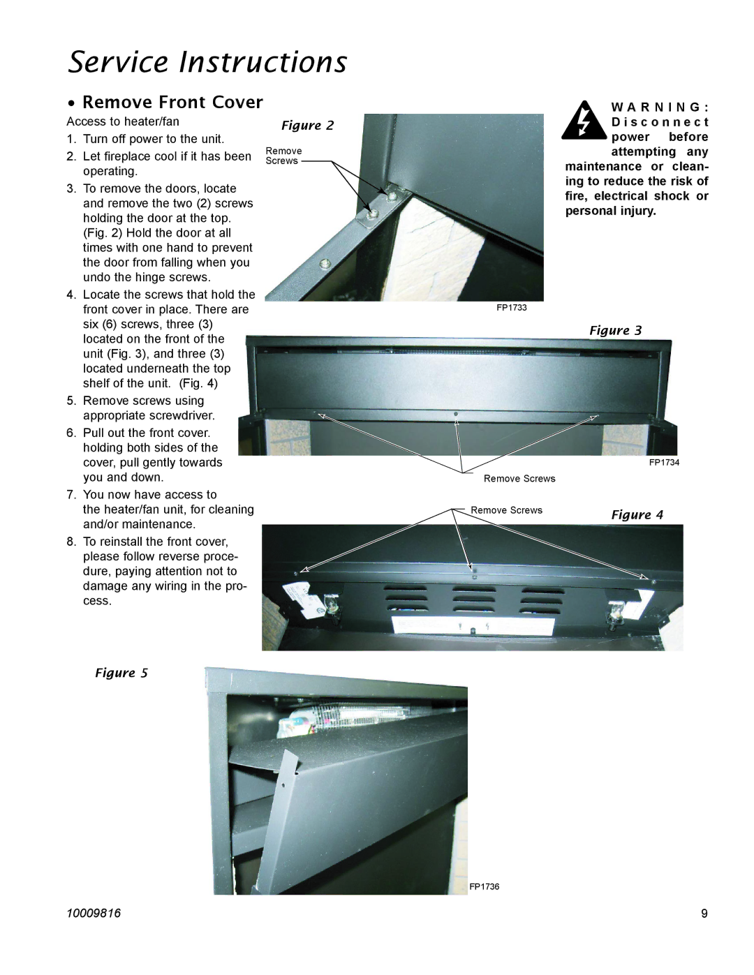 CFM Corporation EF33, EF36, EF22, EF26FG manual Service Instructions, Remove Front Cover 