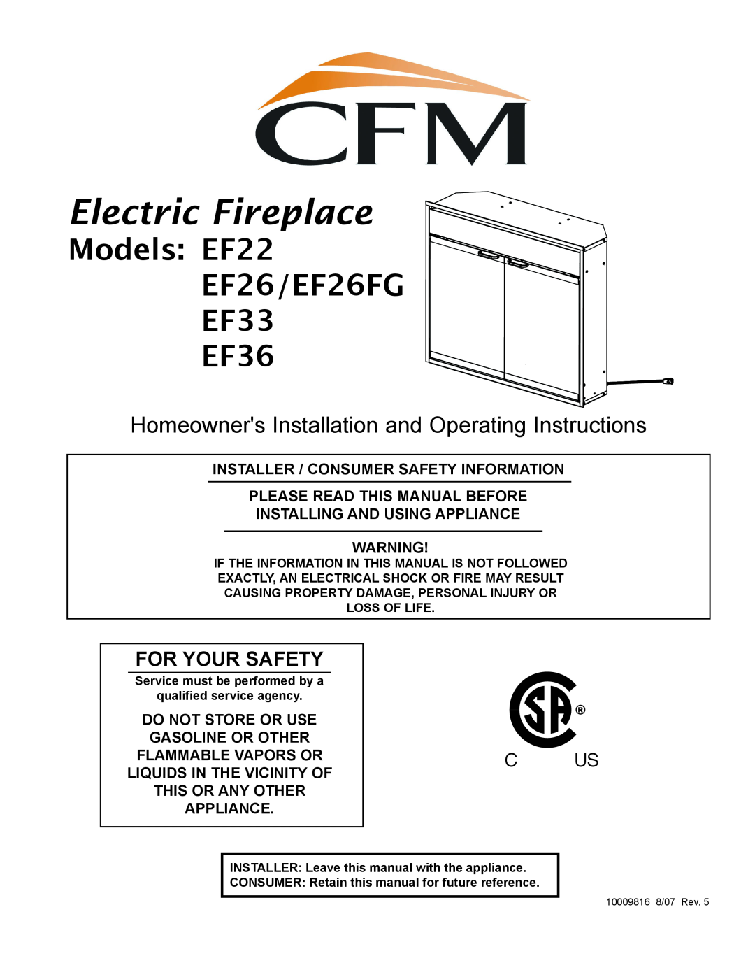 CFM Corporation manual Electric Fireplace, Models EF22 EF26/EF26FG EF33 EF36, For Your Safety 